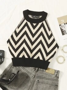 SHEIN Essnce 大碼鋸齒圖案短款吊脖針織上衣