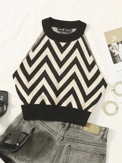 SHEIN Essnce 大碼鋸齒圖案短款吊脖針織上衣