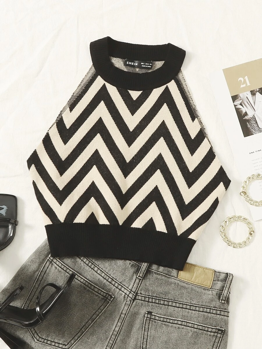 SHEIN Essnce 大碼鋸齒圖案短款吊脖針織上衣
