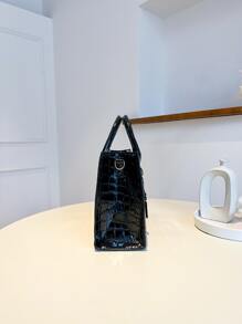 3pcs Crocodile Embossed Satchel Bag With Purse, Mother's Day Gift For Mom - Black - View 5