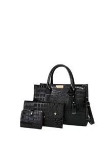 3pcs Crocodile Embossed Satchel Bag With Purse, Mother's Day Gift For Mom - Black - View 6