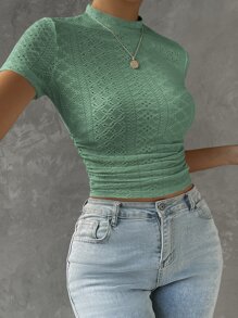 SHEIN EZwear Áo thun nữ Xù Tranh thêu màu trơn Giải trí - Màu xanh Bạc hà - Xem 3