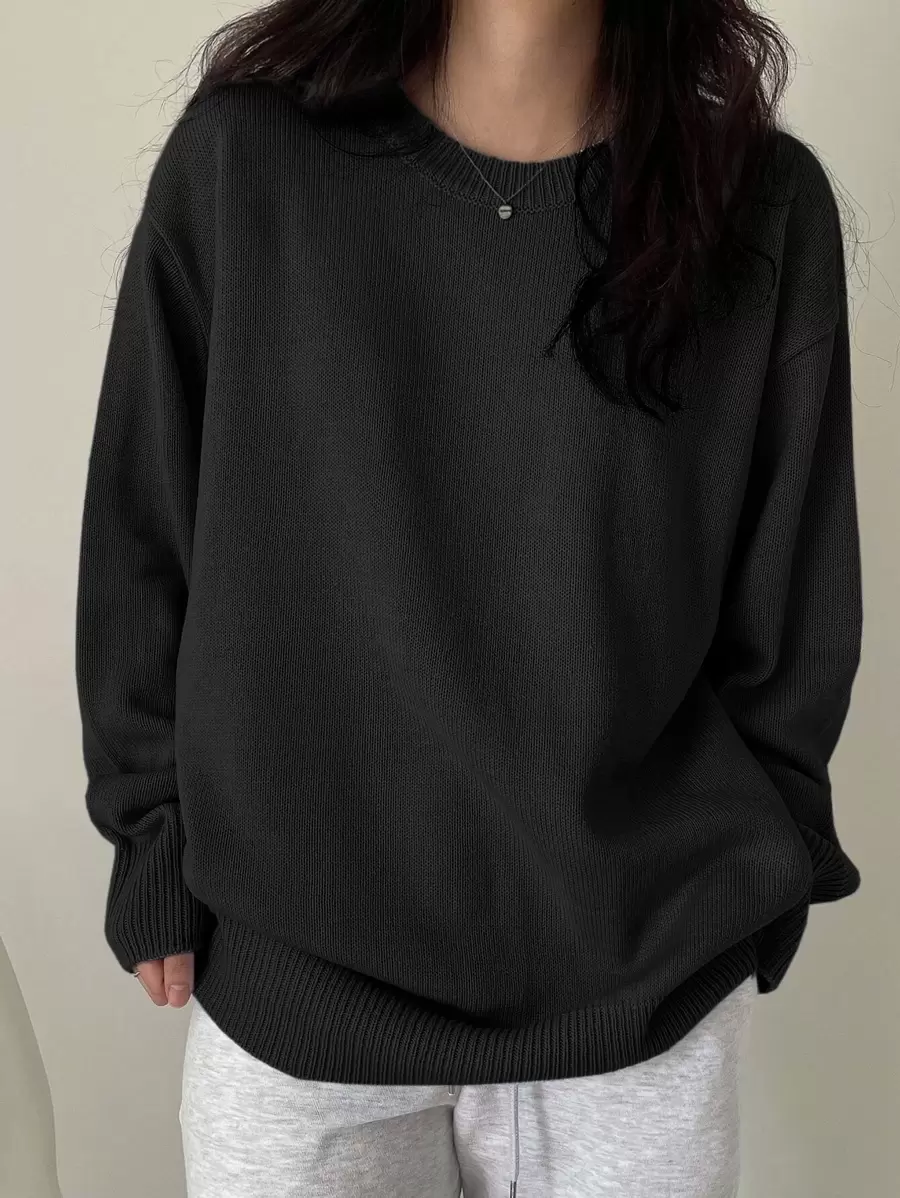 DAZY Ribbed Knit Drop Shoulder Sweater,Long Sleeve Tops,Fall Clothes - Black - View 1