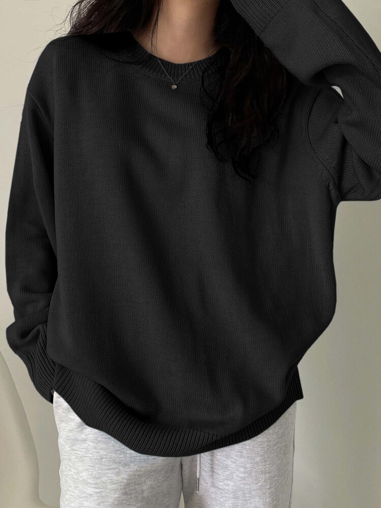 DAZY Ribbed Knit Drop Shoulder Sweater,Long Sleeve Tops,Fall Clothes - Black - View 3