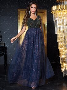 YISIKADO Contrast Sequin Mesh Overlay Dress - Navy Blue - View 1