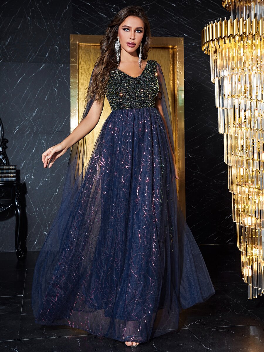 YISIKADO Contrast Sequin Mesh Overlay Dress - Navy Blue - View 1