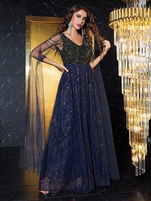 YISIKADO Contrast Sequin Mesh Overlay Dress - Navy Blue - View 3