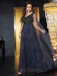 YISIKADO Contrast Sequin Mesh Overlay Dress - Navy Blue - View 4