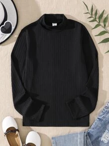 Niñas Camiseta de cuello alto tejido de canalé sin collar - Negro - Ver 1