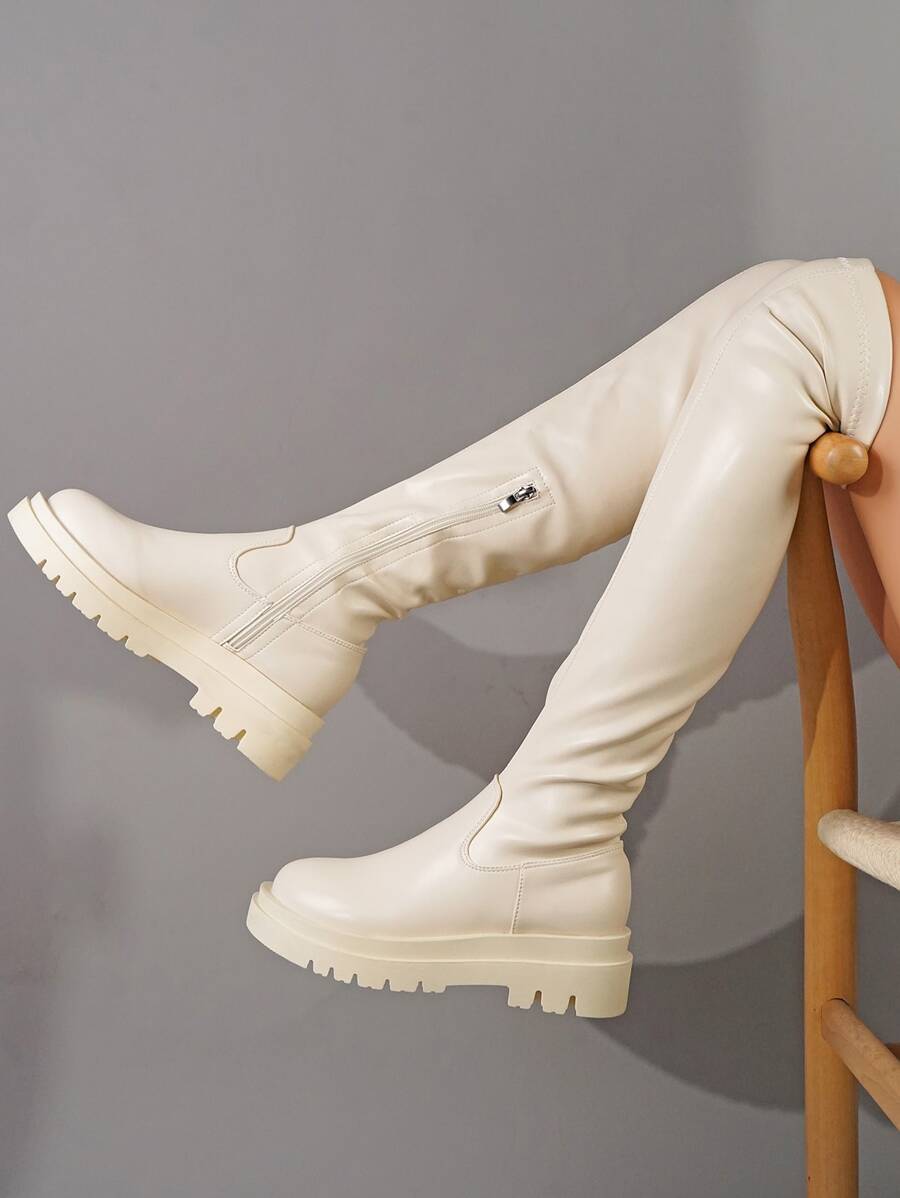 Women Fashion Casual Mixed Material Moto Boots, Thick Sole Side Zipper