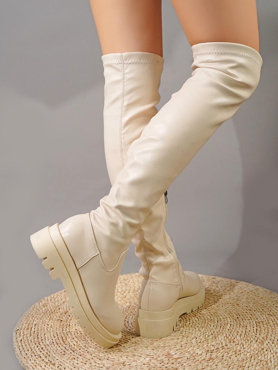 Women Fashion Casual Mixed Material Moto Boots, Thick Sole Side Zipper