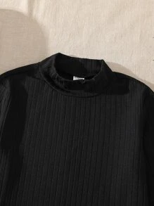 Niñas Camiseta de cuello alto tejido de canalé sin collar - Negro - Ver 4