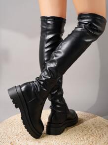女士黑色過膝極簡側拉鏈靴子