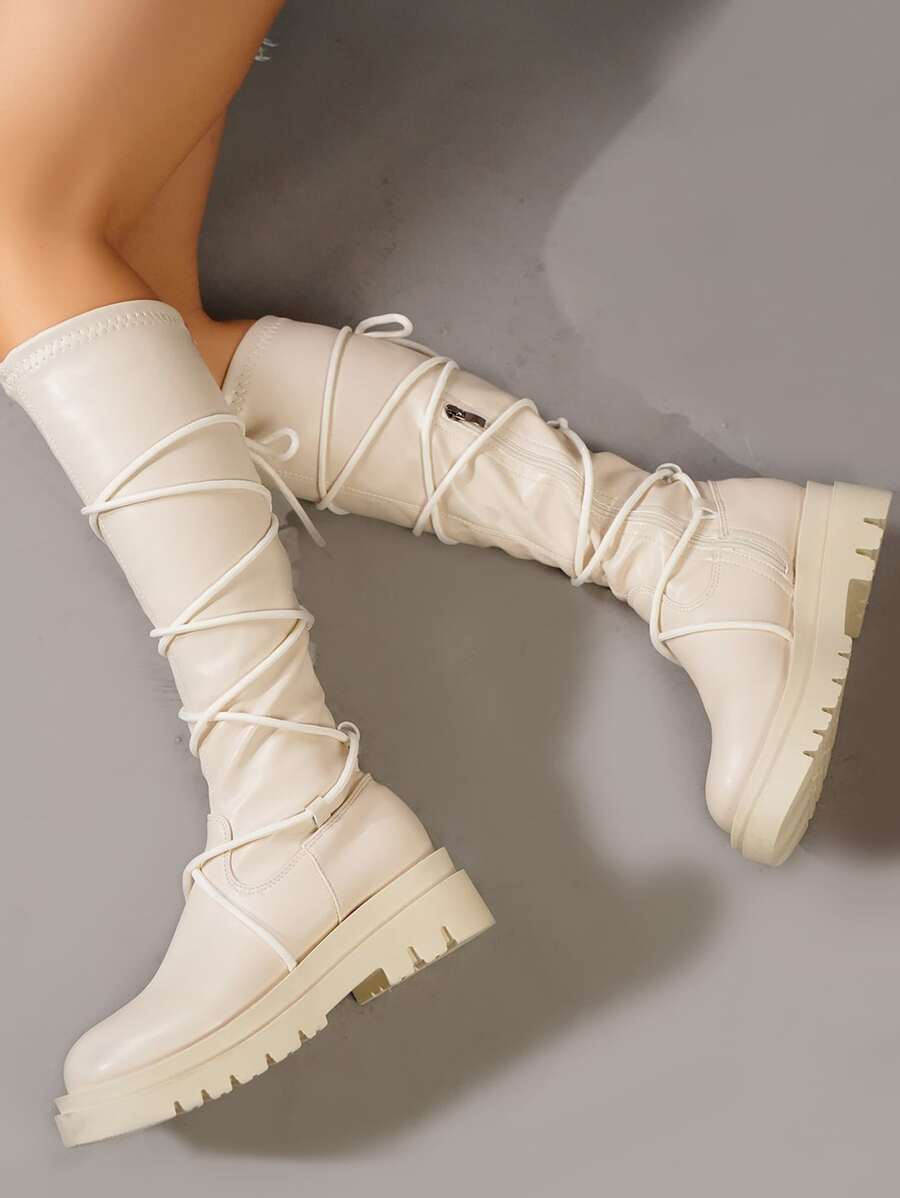 Tie Leg Design Side Zip Boots - Beige - View 1