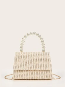 Faux Pearl Beaded Clutch Bag - Beige - View 1