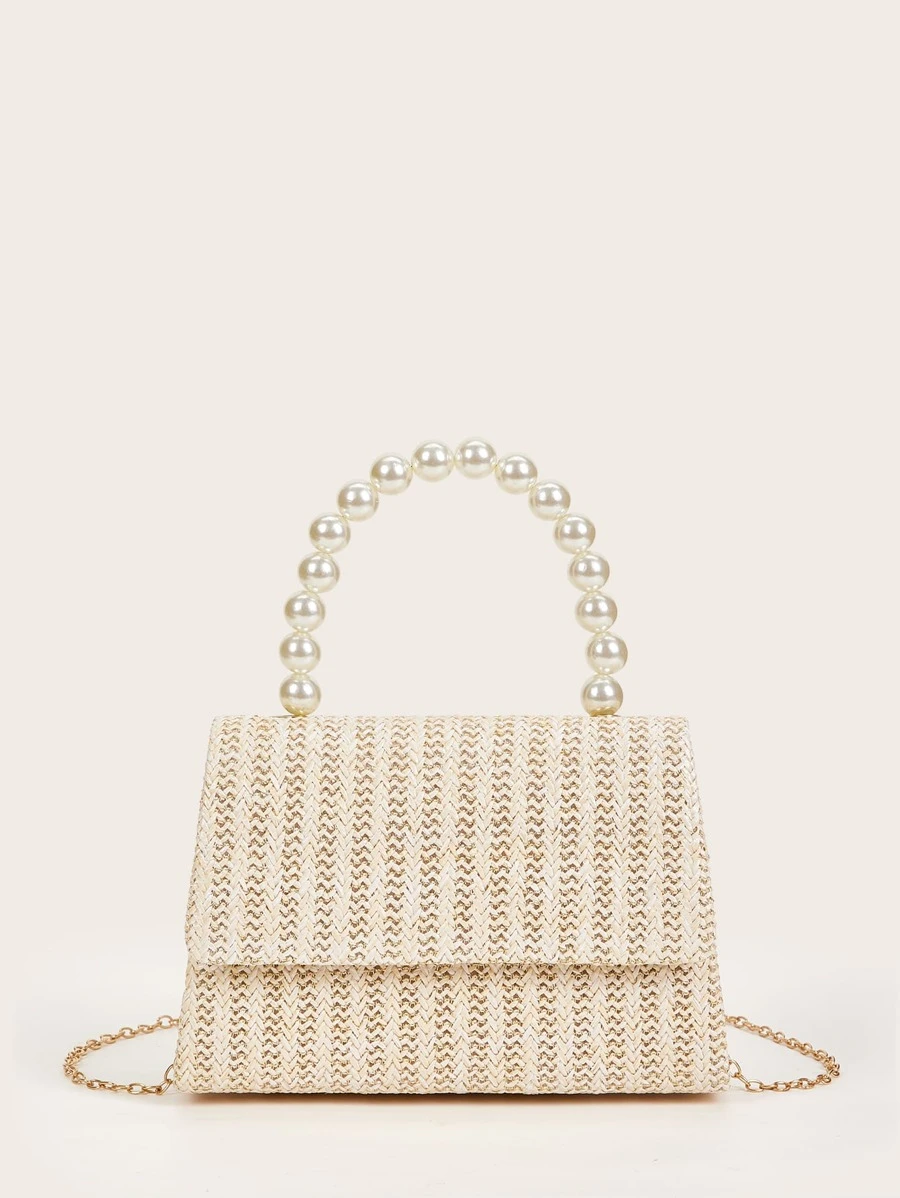 Faux Pearl Beaded Clutch Bag - Beige - View 1