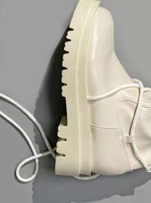 Tie Leg Design Side Zip Boots - Beige - View 3