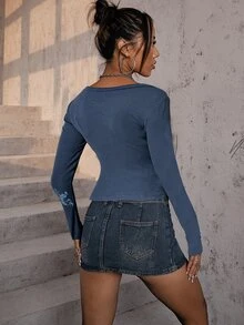 Grunge Floral and Wing Print Rhinestone Detail Rib-knit Tee - Blue - View 2