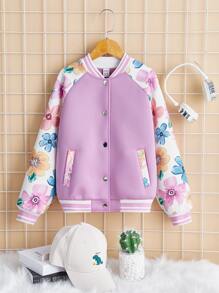 SHEIN 女孩印花前紐扣插肩袖學院風夾克 - 紫丁香色 - 查看 1