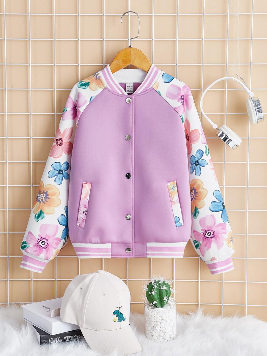 SHEIN 女孩印花前紐扣插肩袖學院風夾克 - 紫丁香色 - 查看 1