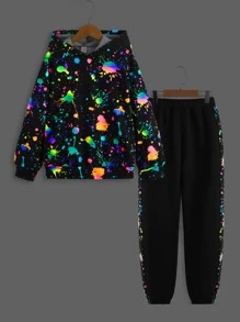 SHEIN Boys Reflective Splatter Paint Hoodie & Joggers - Black - View 1