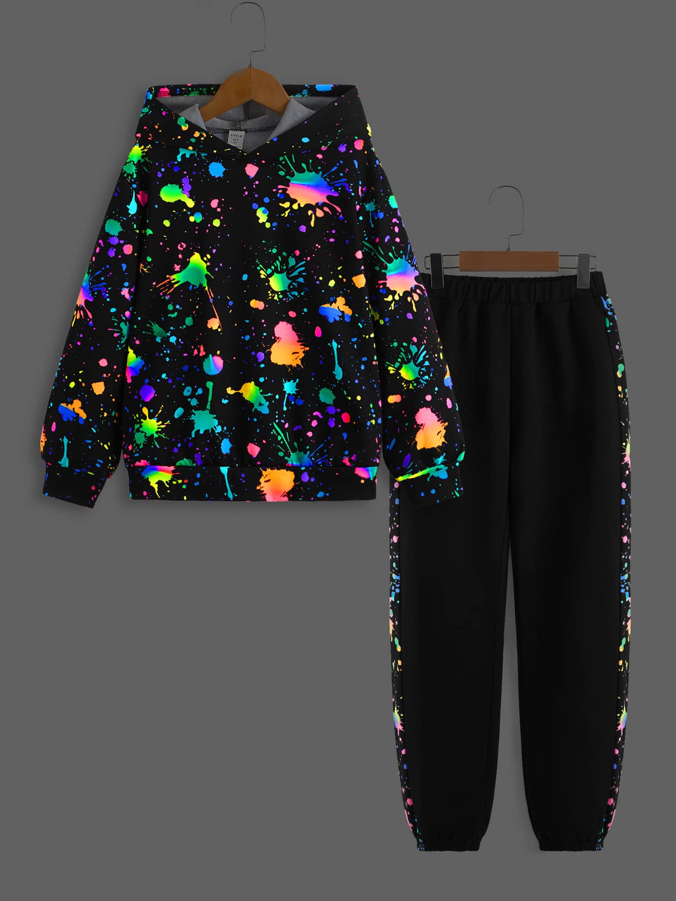 SHEIN Boys Reflective Splatter Paint Hoodie & Joggers - Black - View 1