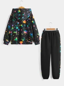 SHEIN Boys Reflective Splatter Paint Hoodie & Joggers - Black - View 2