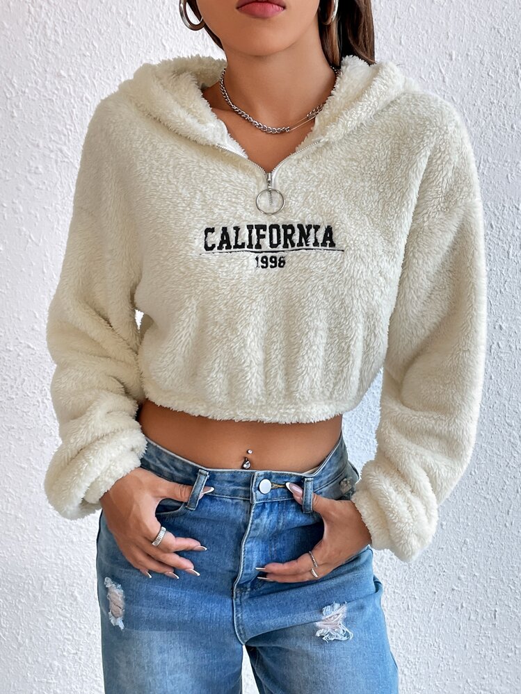 SHEIN EZwear Sweat-shirt à capuche à broderie zippé court en flanelle - Beige - Voir 5