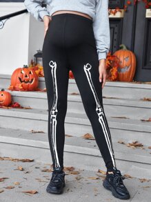 SHEIN Maternity Skeleton Print Adjustable Elastic Waist Leggings - Black - View 1