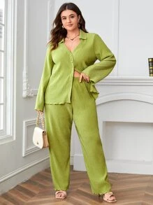 SHEIN Essnce Plus Lettuce Trim Shirt & Trousers Set - Lime Green - View 1