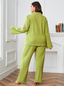 SHEIN Essnce Plus Lettuce Trim Shirt & Trousers Set - Lime Green - View 2