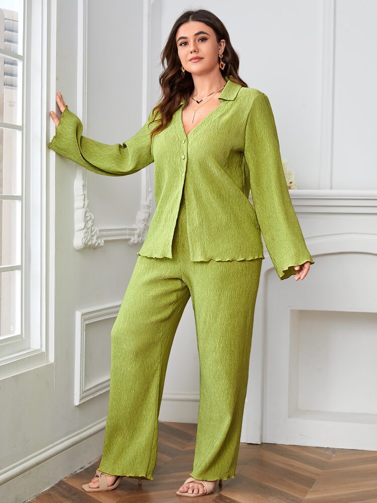 SHEIN Essnce 大碼木耳邊襯衫和褲子套裝 - 青檸色 - 查看 5