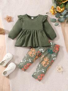 SHEIN Baby Girl Ruffle Trim Peplum Top & Floral Print Pants - Army Green - View 1
