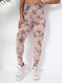 Yoga Trendy 紮染無縫緊縮褶皺臀部收復緊身打底褲帶寬腰帶