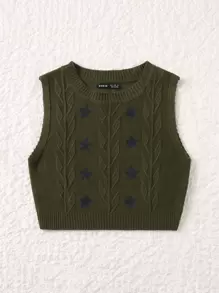Muchica Grunge Floral Embroidery Crop Sweater Vest - Army Green - View 1