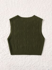 Muchica Grunge Floral Embroidery Crop Sweater Vest - Army Green - View 2