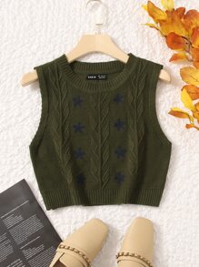 Muchica Grunge Floral Embroidery Crop Sweater Vest - Army Green - View 4