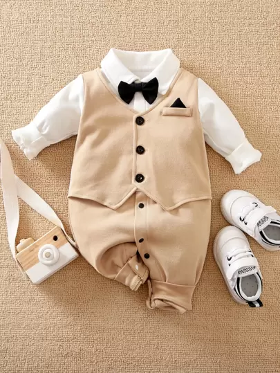 Yierying Blue Baby Romper, Gentleman Version With Faux Shirt Front Button Closure (Durable, Highly Comfortable, Alkali-Resistant), Detachable Bow Tie, Khaki Gentleman Outfit