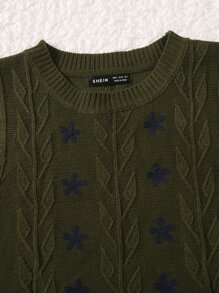 Muchica Grunge Floral Embroidery Crop Sweater Vest - Army Green - View 5