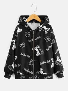 SHEIN Áo nỉ có khóa kéo in chữ và hình gấu dành cho bé gái tuổi teen - màu đen - Xem 1