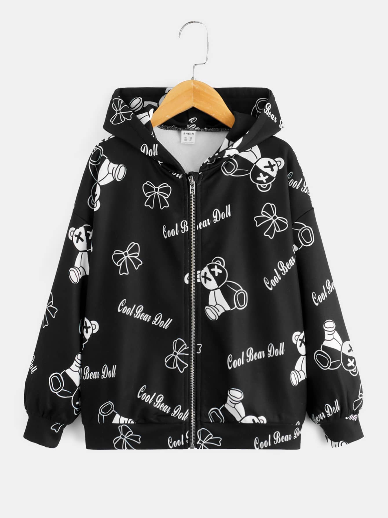 SHEIN Áo nỉ có khóa kéo in chữ và hình gấu dành cho bé gái tuổi teen - màu đen - Xem 1