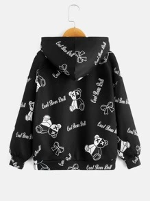 SHEIN Áo nỉ có khóa kéo in chữ và hình gấu dành cho bé gái tuổi teen - màu đen - Xem 2