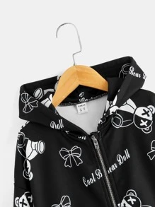 SHEIN Áo nỉ có khóa kéo in chữ và hình gấu dành cho bé gái tuổi teen - màu đen - Xem 4