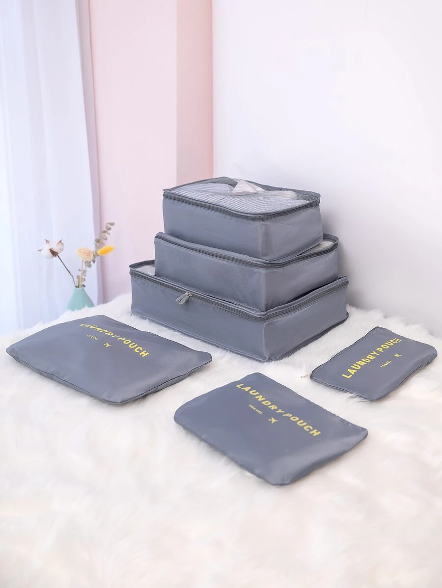6pcs/set Letter Graphic Travel Storage Bag, Modern Polyester Storage Bag For Outdoor, Travel - Grey - View 1
