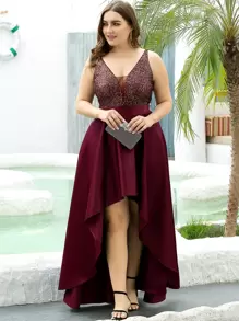 Plus Mesh Insert Glitter Bodice High Low Satin Prom Dress - Burgundy - View 1
