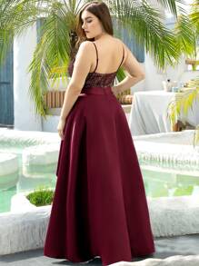 Plus Mesh Insert Glitter Bodice High Low Satin Prom Dress - Burgundy - View 2