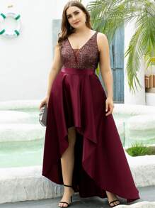 Plus Mesh Insert Glitter Bodice High Low Satin Prom Dress - Burgundy - View 3