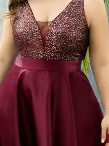 Plus Mesh Insert Glitter Bodice High Low Satin Prom Dress - Burgundy - View 4
