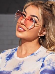 Gafas de moda sin montura con decoración de rhinestones para fiestas, playa, vacaciones, exteriores y viajes - Rosa - Ver 1