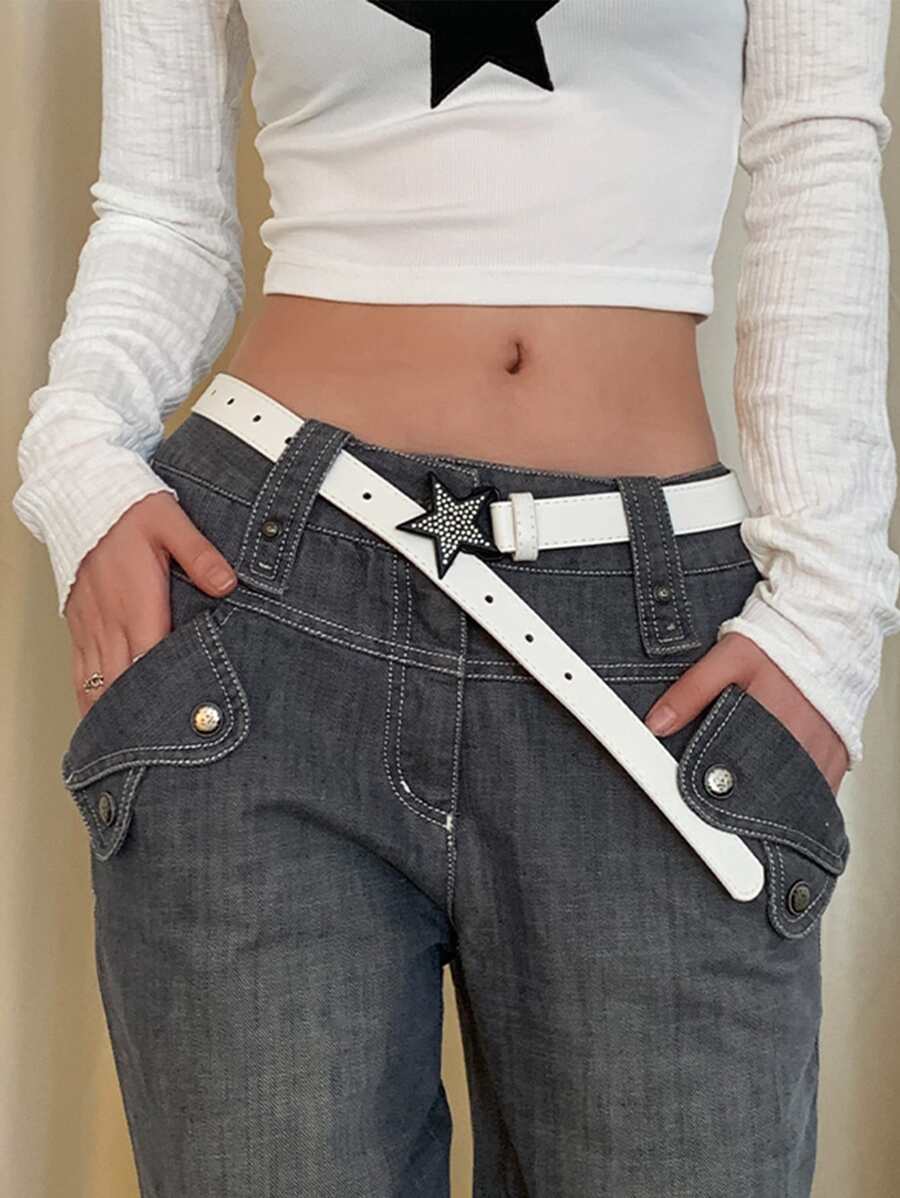 1pc Rhinestone Star Buckle Belt With Punch Tool - White - View 1